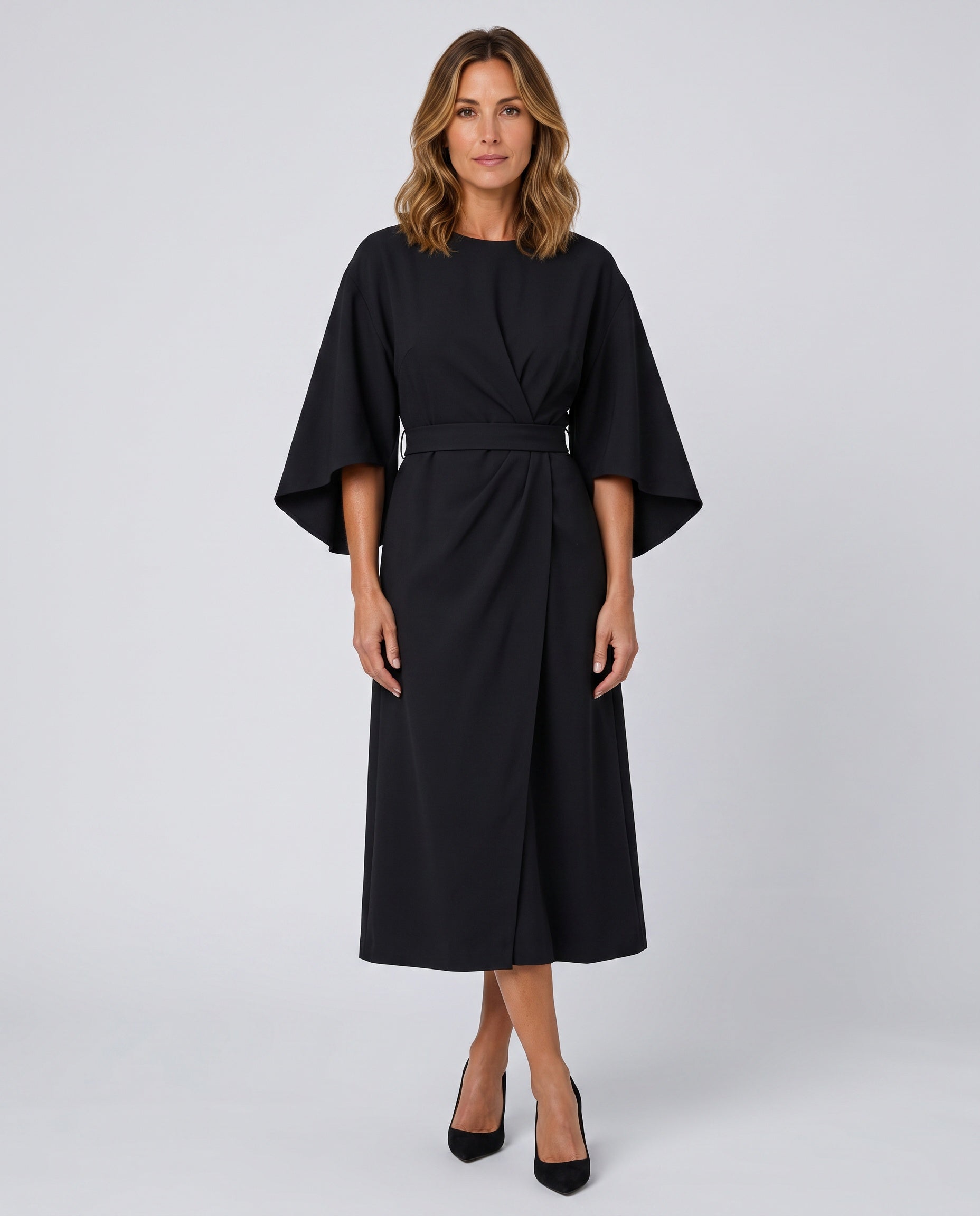 Esme | Wide Sleeve Belted Round Neck Midi Dress