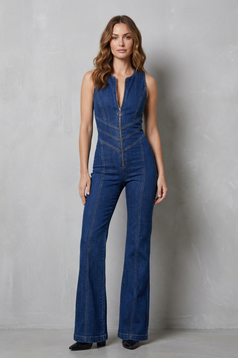 Rivazze | Zip-Front Sculpted Denim Jumpsuit