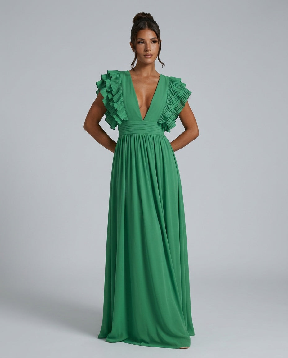 Tessa | Ruffled Sleeve & Neckline Maxi Dress
