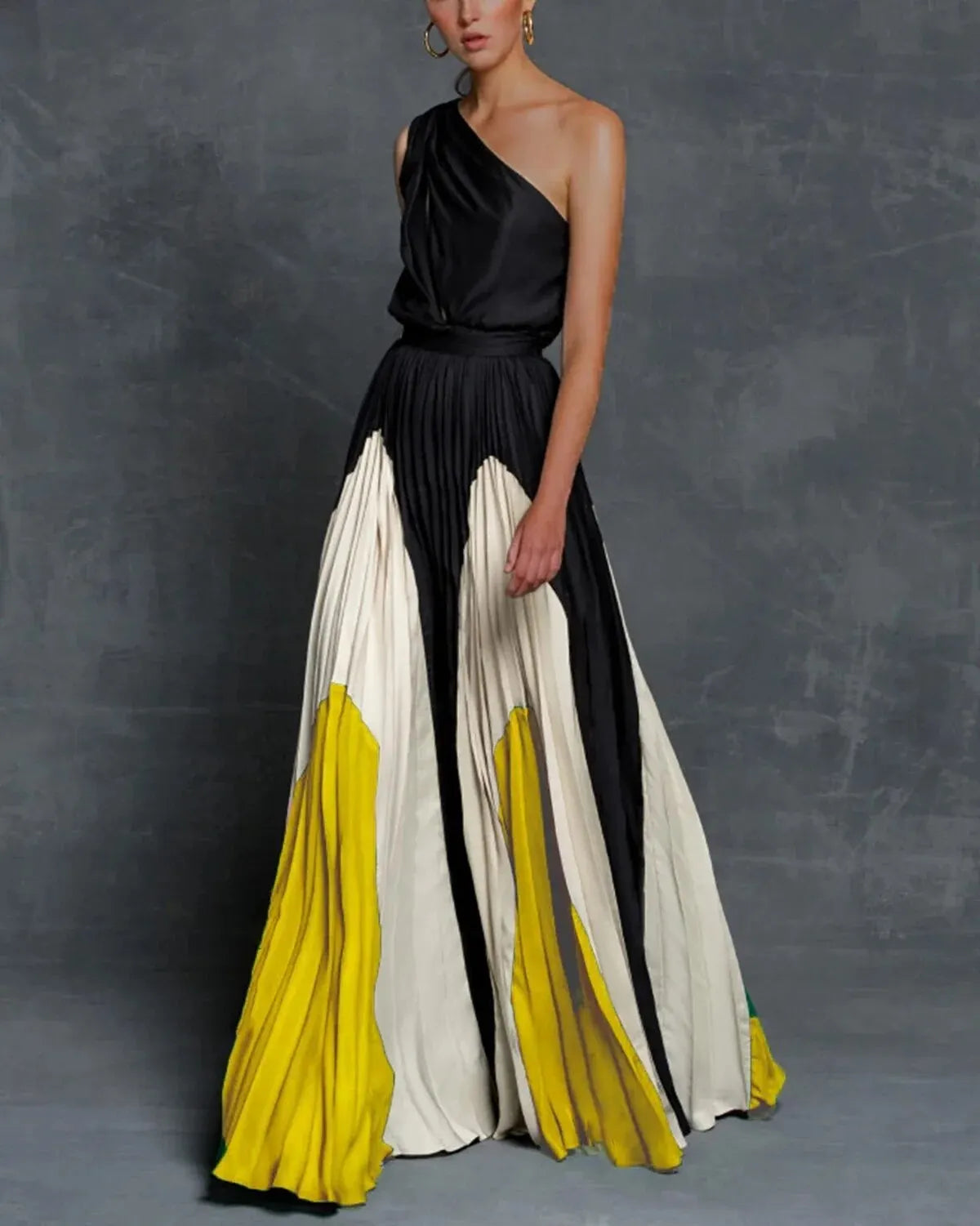 Aurore | Asymmetric Draped Pleated Multicolour Maxi Dress