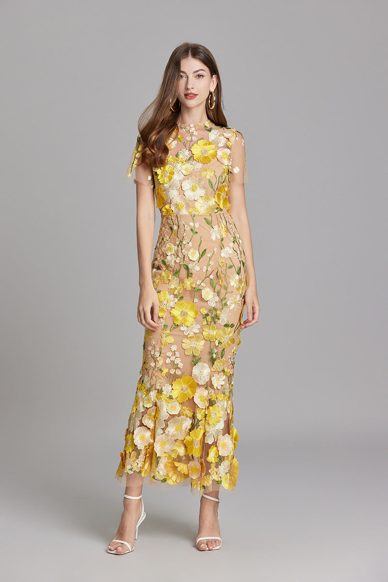 Sabine | 3D Floral Appliqué Wedding Guest Midi Dress