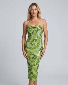 Romy | Sequin Abstract Print Slit Midi Dress