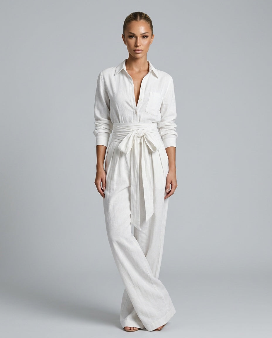 Marlowe | Long-Sleeve Shirt Collar Jumpsuit With Belt