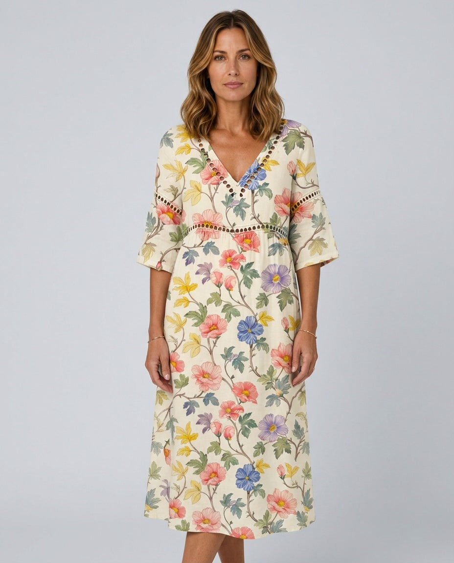 Delphine | Floral Linen-Blend Midi Dress