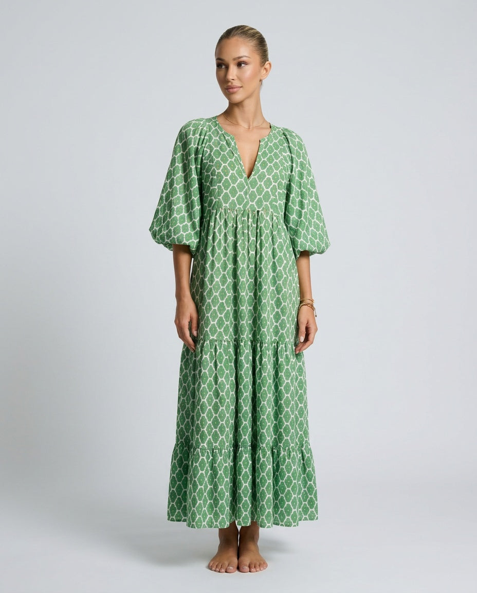 Verity | V-Neck Balloon Sleeve Ruffle Layered Midi Dress