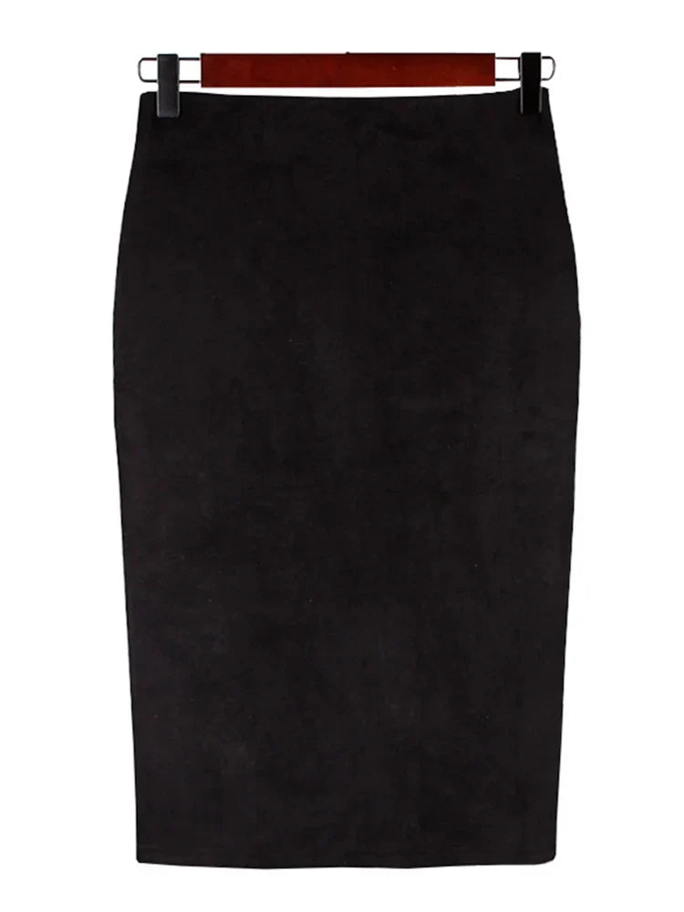 Scarlett | High Waist Faux Suede Midi Pencil Skirt