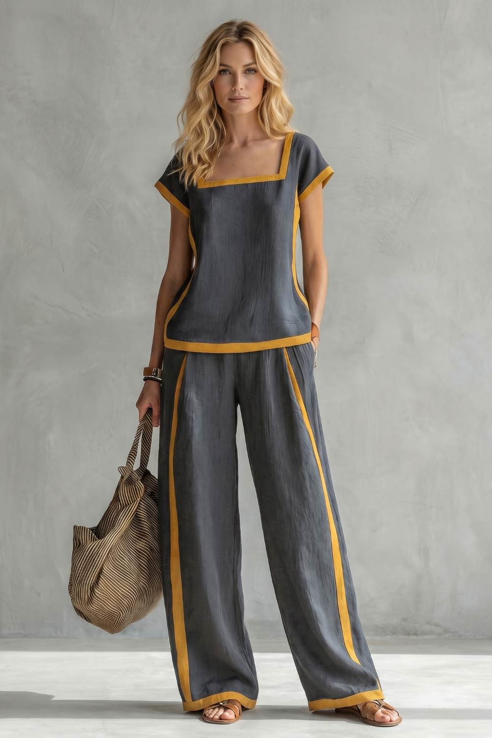 Celindra | Contrast Trim Linen Blend Two-Piece Set