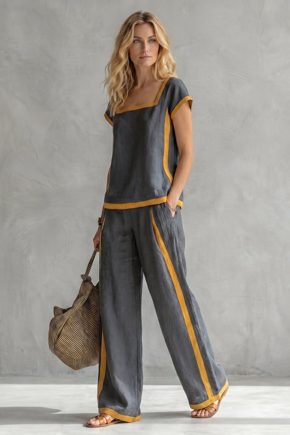 Celindra | Contrast Trim Linen Blend Two-Piece Set