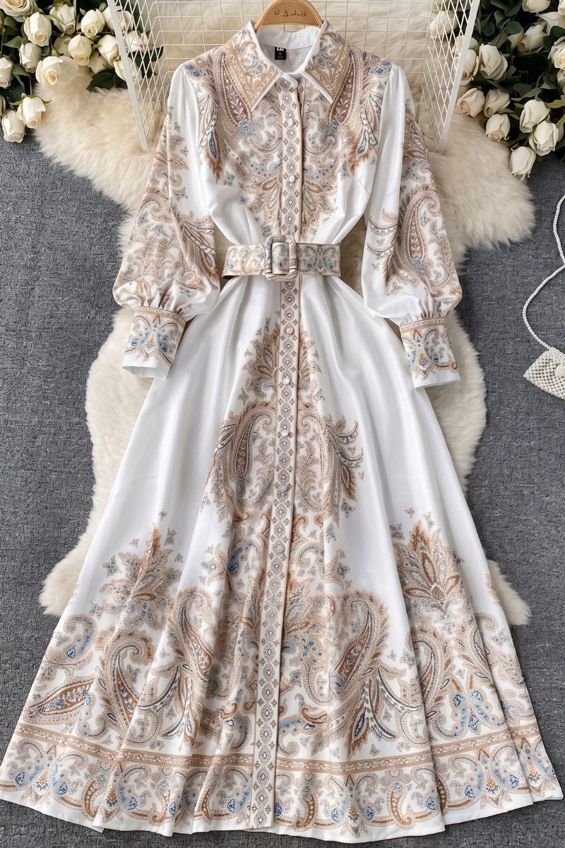 Ellie | Belted Paisley Embroidered Abaya Maxi Dress
