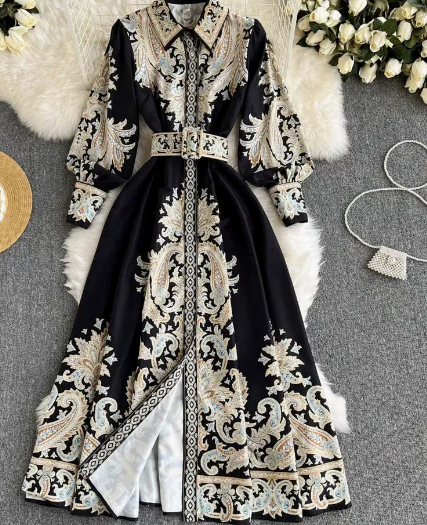 Ellie | Belted Paisley Embroidered Abaya Maxi Dress