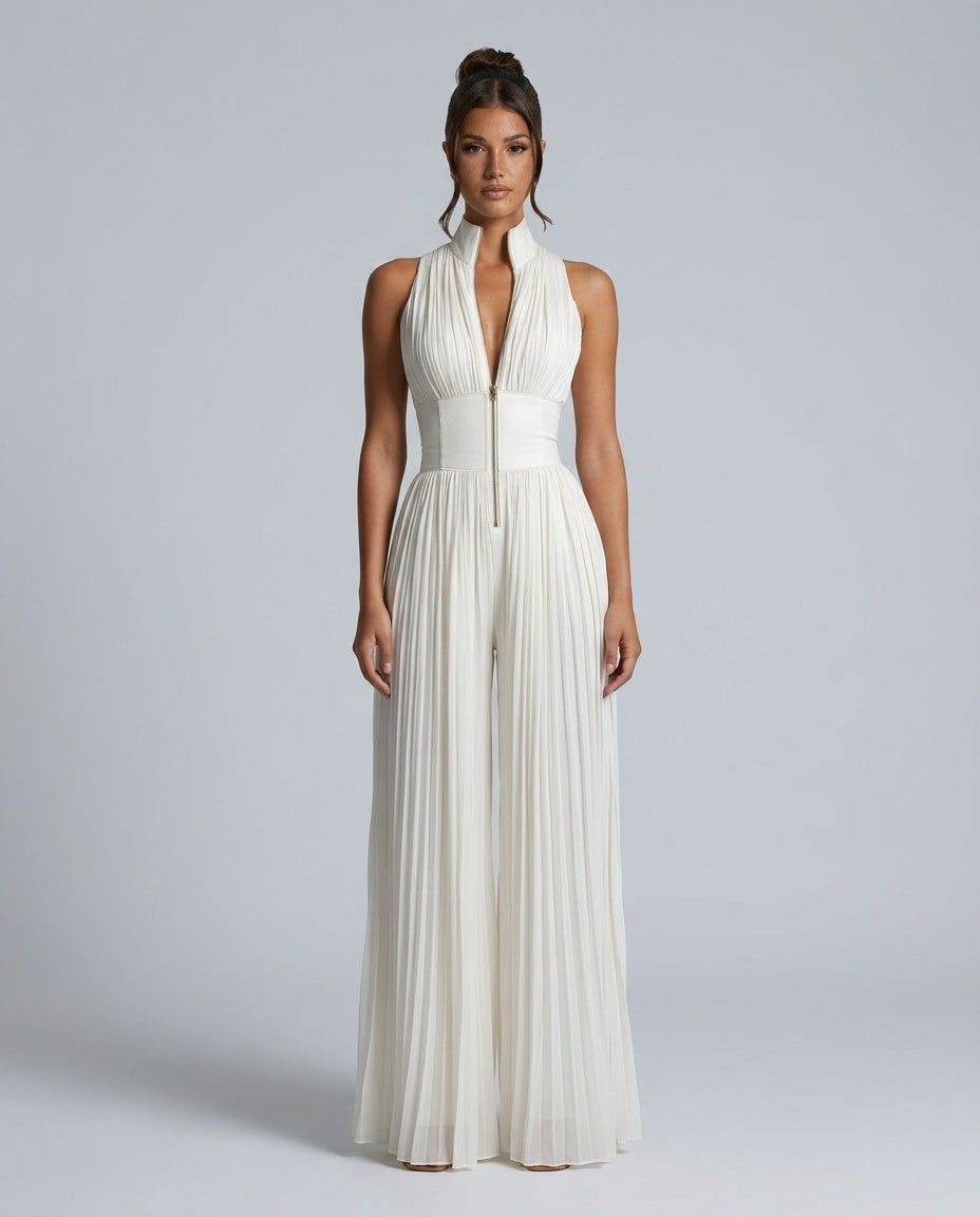 Celara | Pleated Wide-Leg Chiffon Jumpsuit
