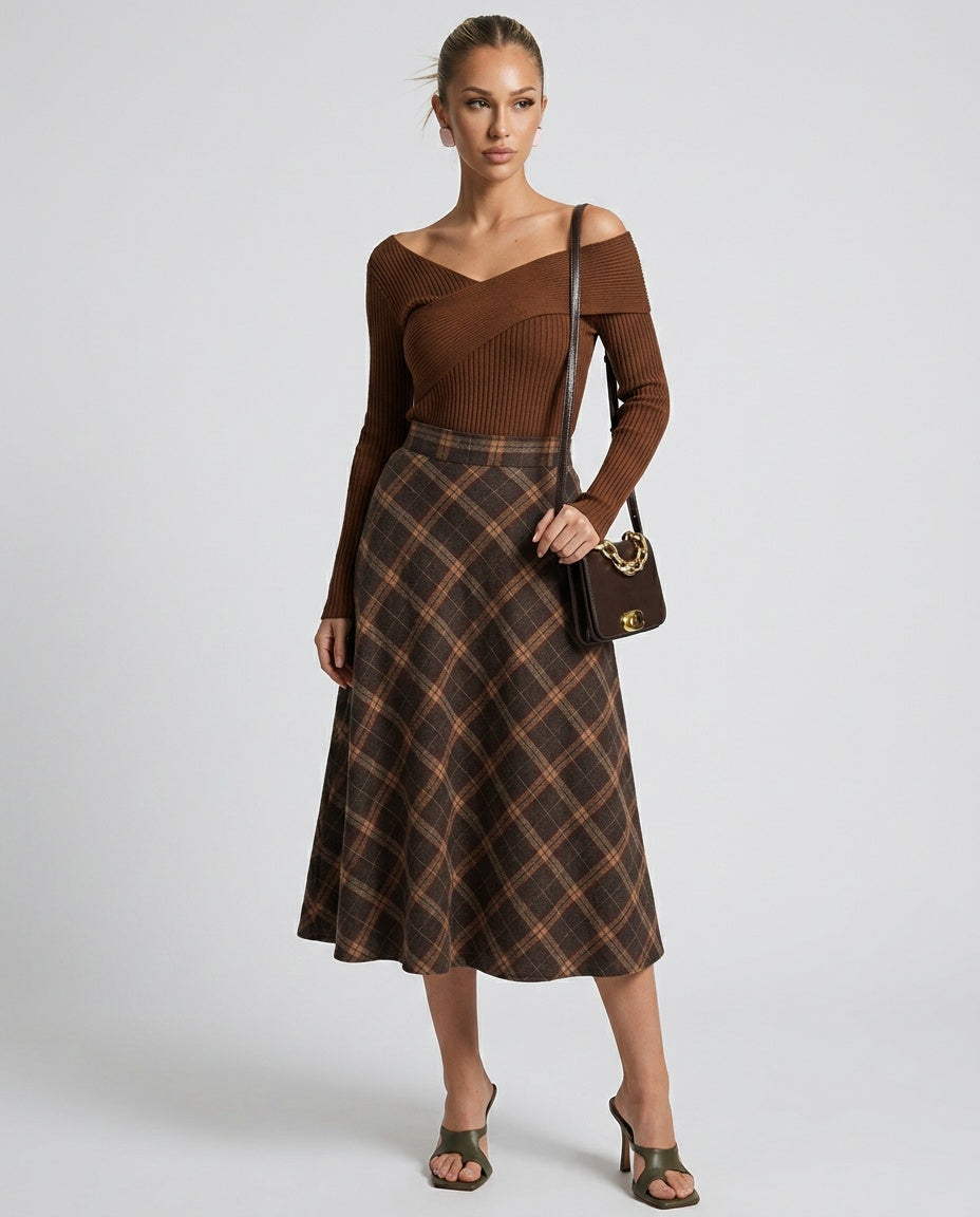 Faye | Elastic Waist Plaid A-Line Midi Skirt