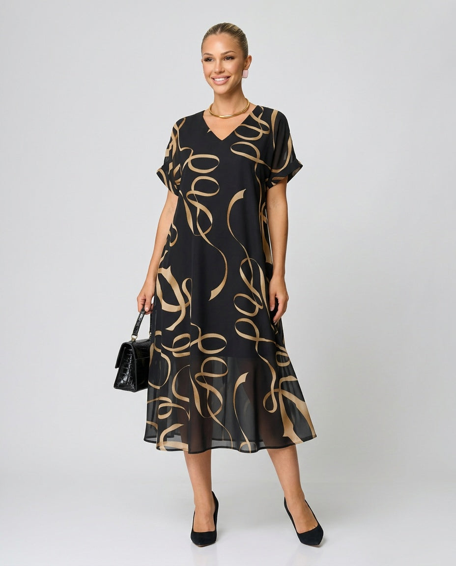 Tessa | V-Neck Bat-Sleeve Bow Print Midi Dress