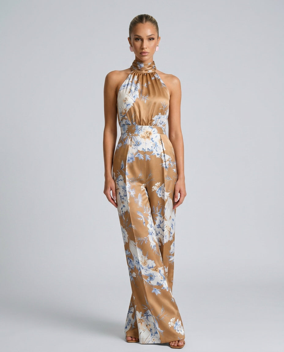 Selene | Floral Halter Neck Wide-Leg Jumpsuit