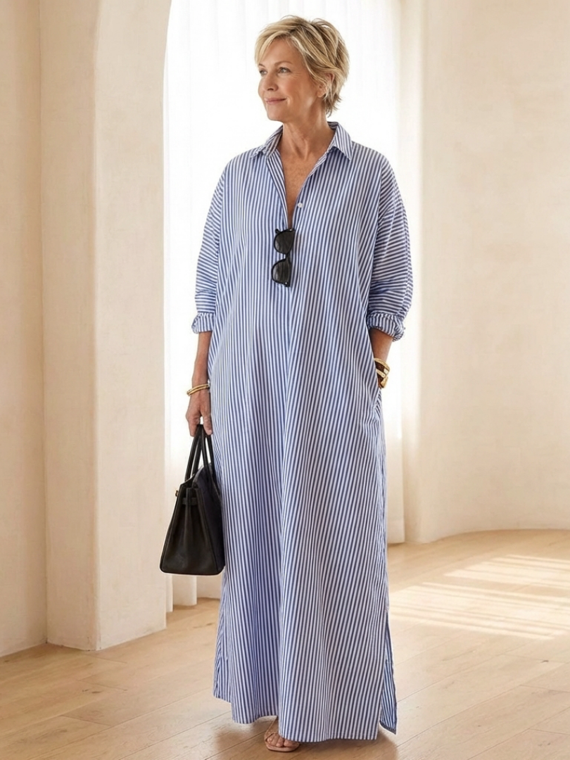 Serina | Striped Long Sleeve Collar Maxi Dress