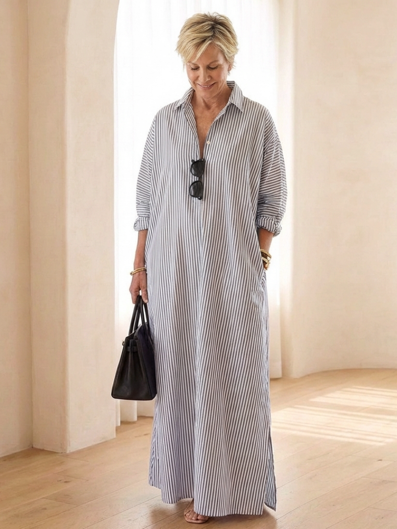 Serina | Striped Long Sleeve Collar Maxi Dress