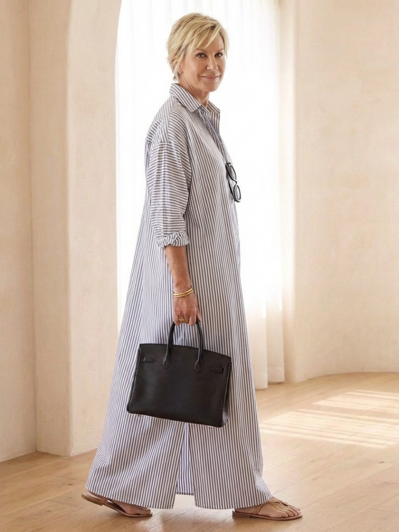Serina | Striped Long Sleeve Collar Maxi Dress