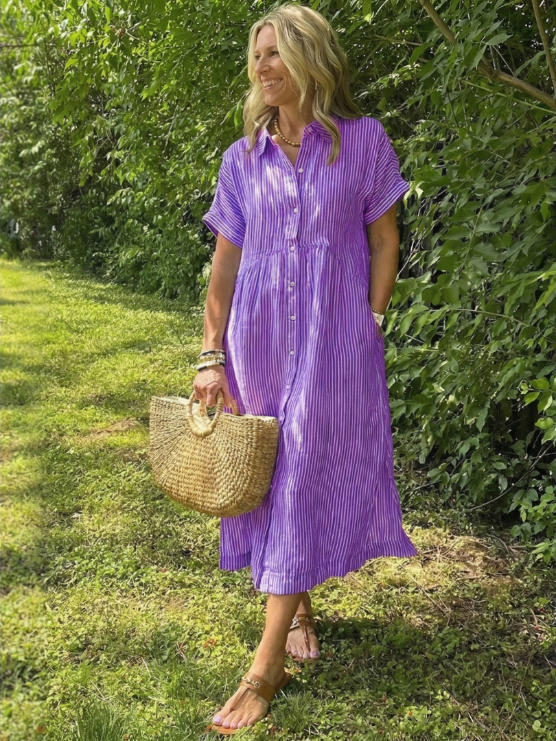Emerson | Short Sleeve Button Front Striped Midi Dress