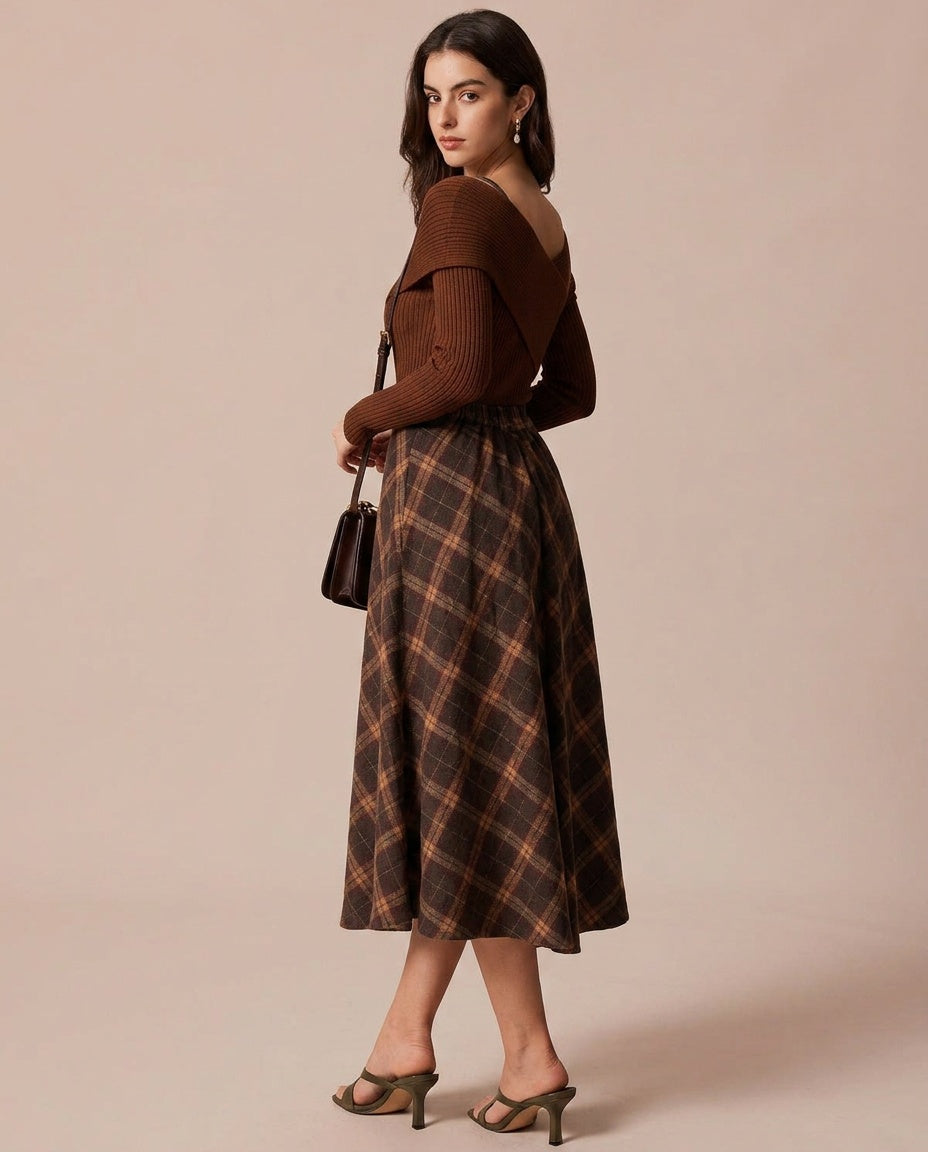 Faye | Elastic Waist Plaid A-Line Midi Skirt