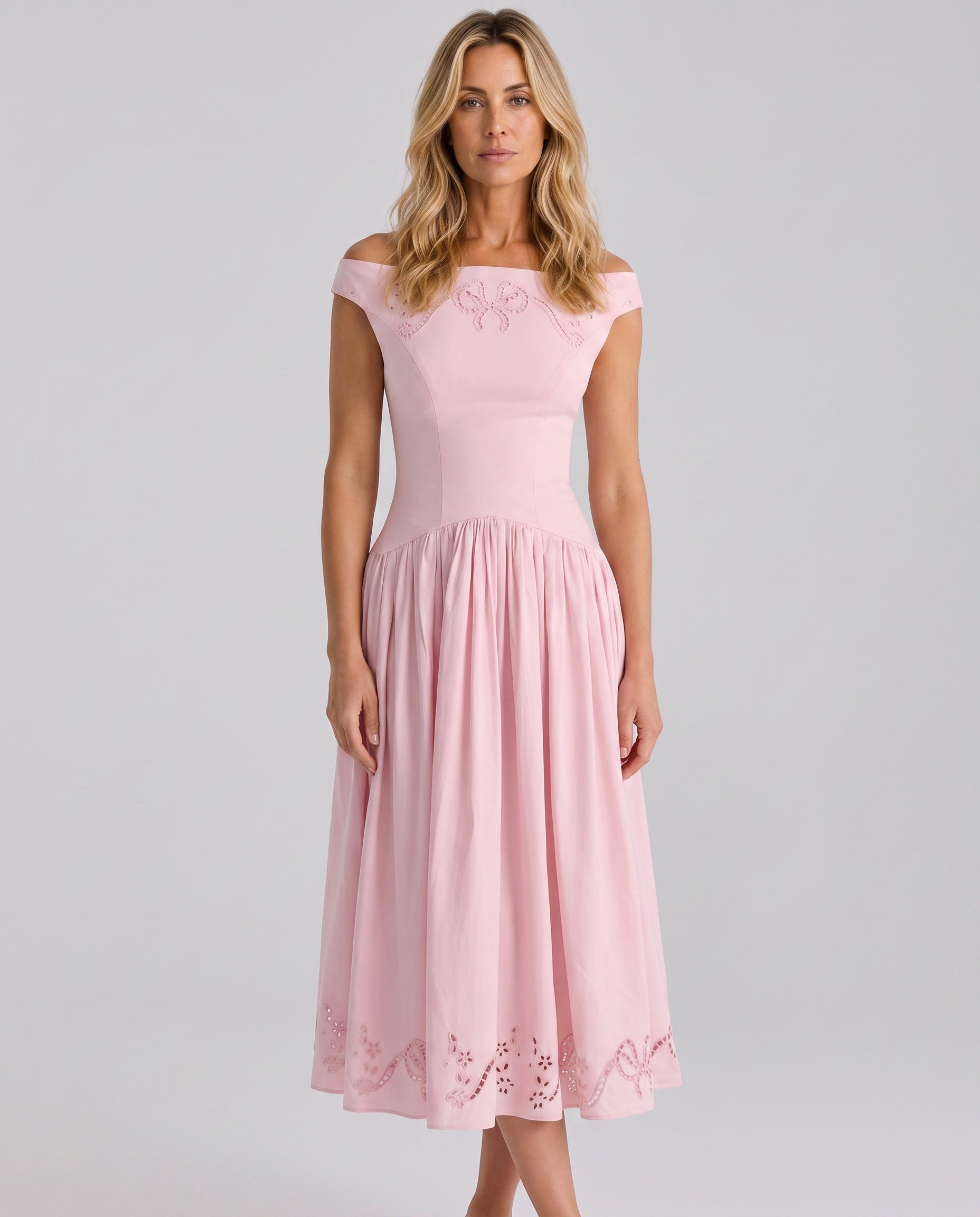 Sloane | Broderie Anglaise Off-Shoulder Midi Dress