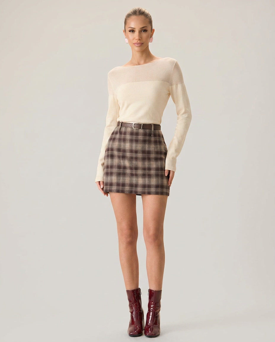 Mabel | Brown Plaid Straight Mini Skirt