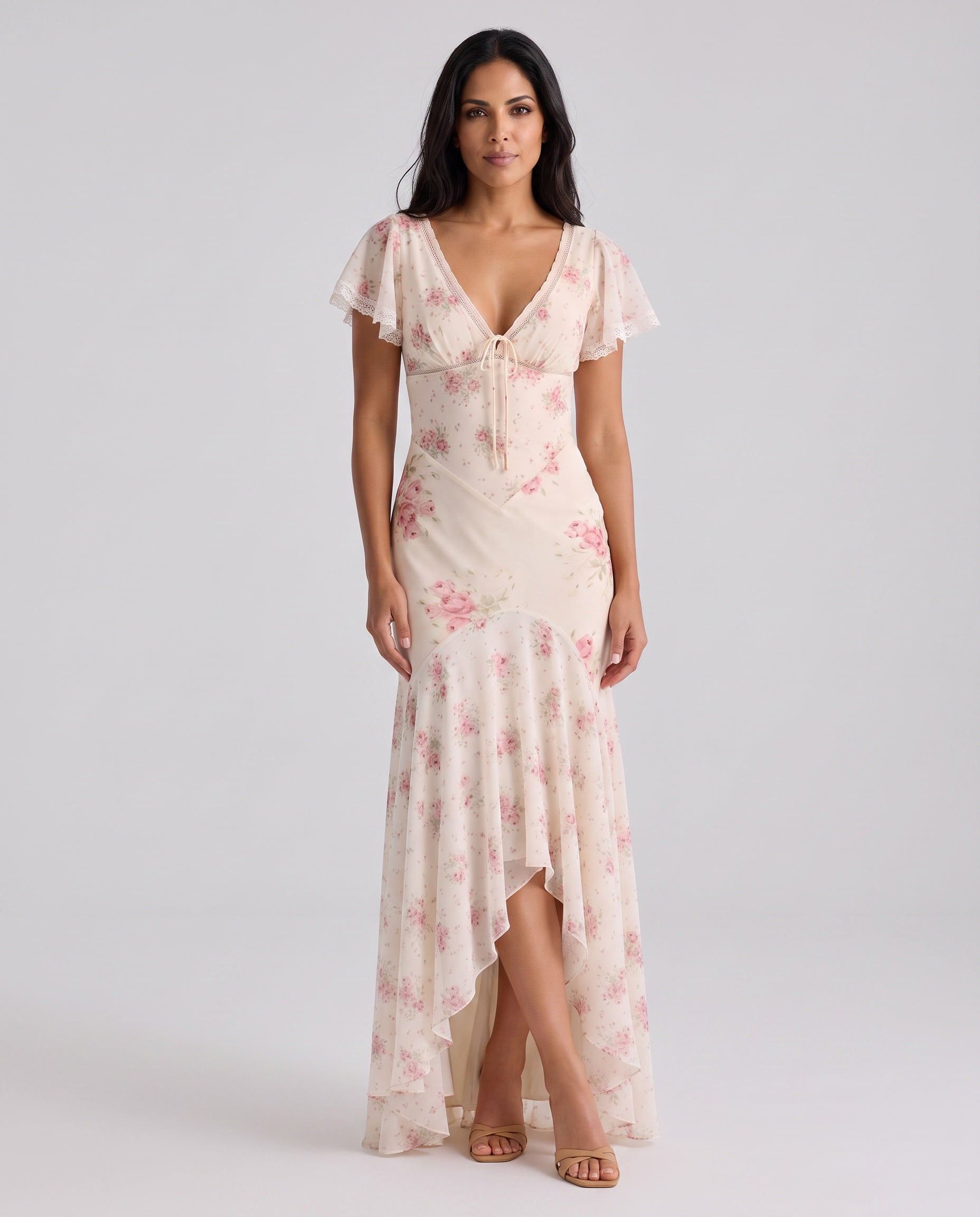 Micaela | Floral Print Lace Trim Maxi Dress