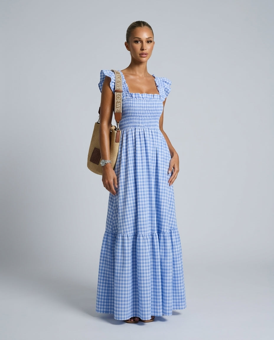 Celeste | Smocked Gingham Ruffle Sleeve Maxi Dress