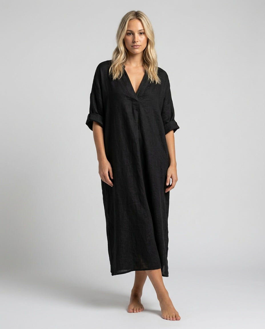 Malena | V-Neck Flowy Linen-Blend Midi Dress