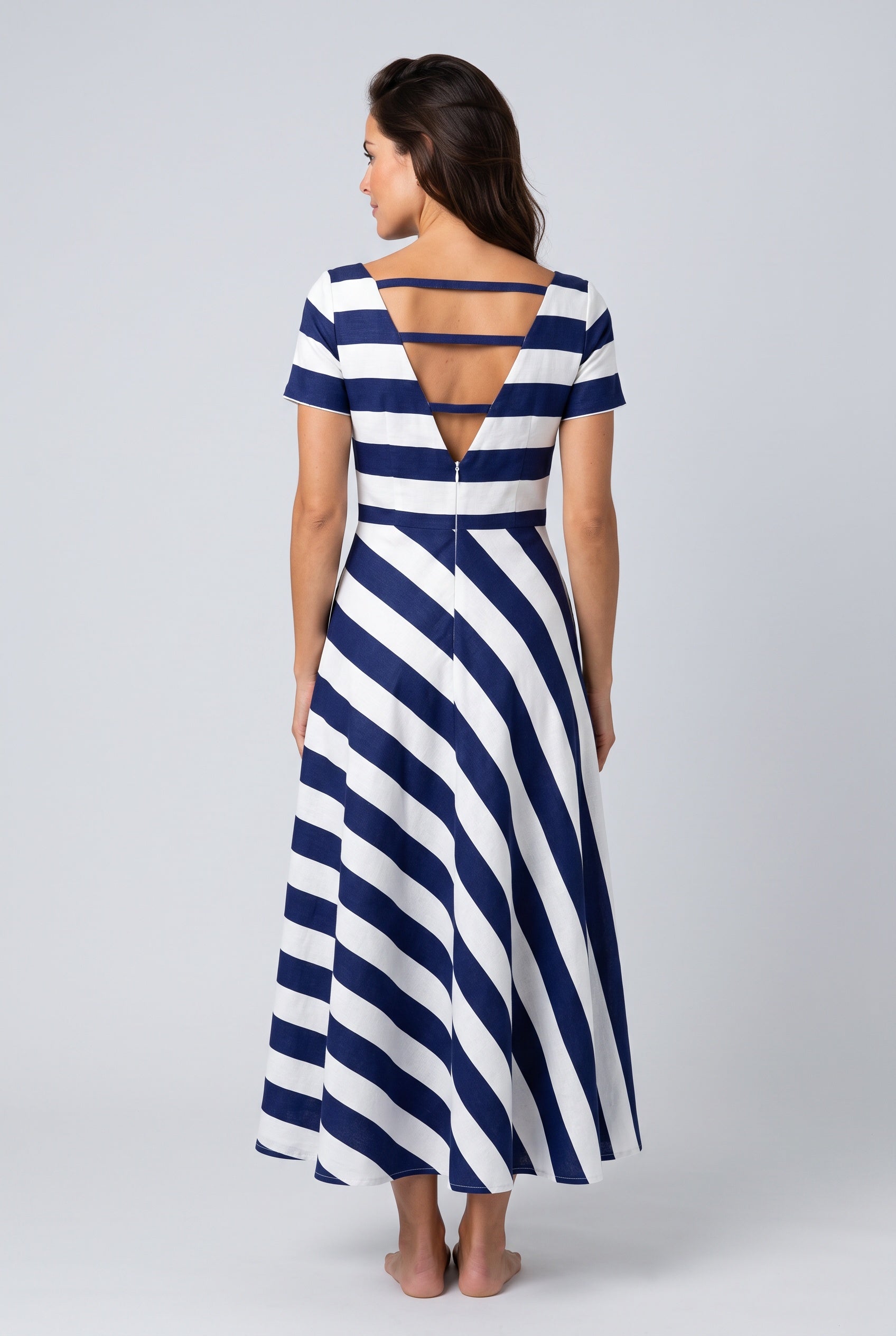 Freya | Striped Asymmetrical Short Sleeve Midi Dress