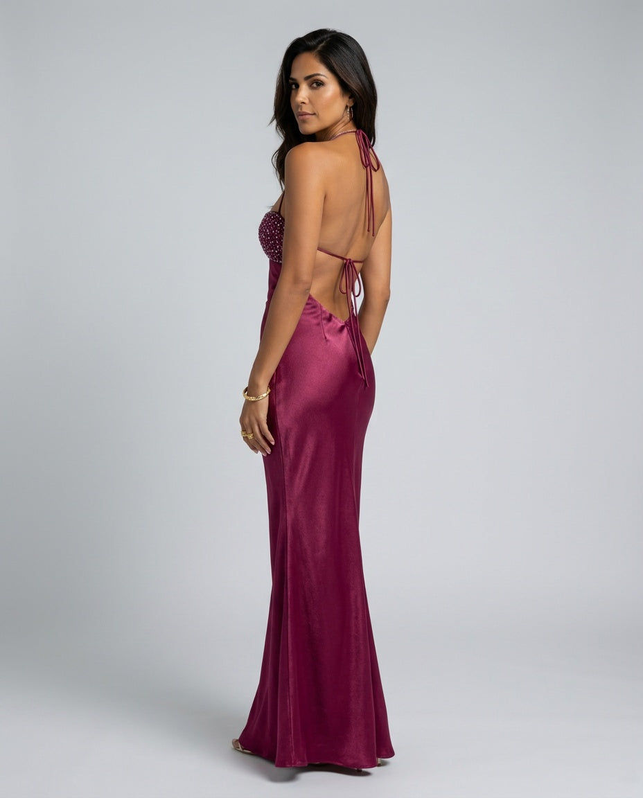 Ines | Lace-Trim Halter Neck Maxi Dress
