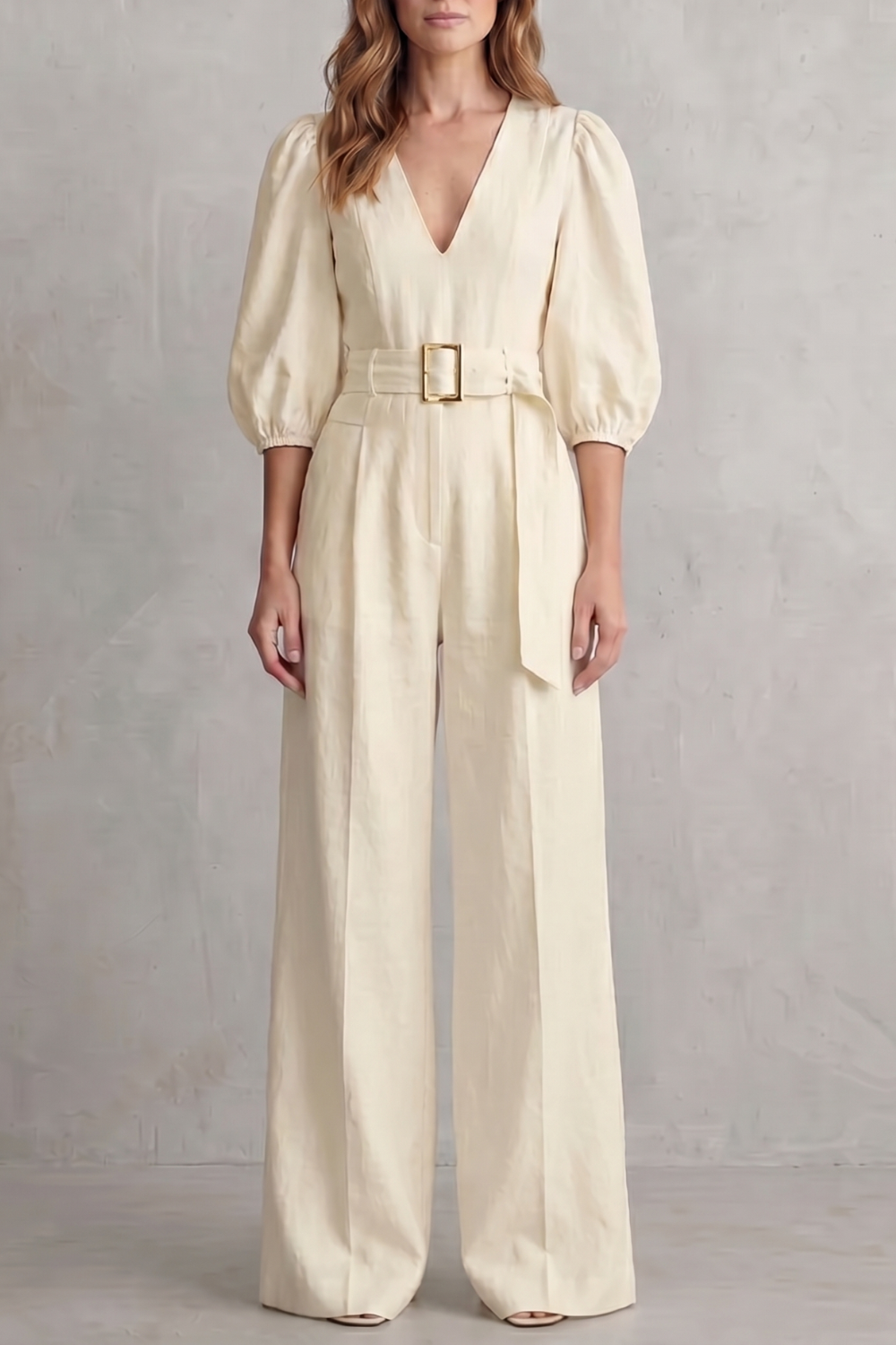 Velmora | Belted Puff Sleeve Wide Leg Jumpsuit