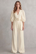 Velmora | Belted Puff Sleeve Wide Leg Jumpsuit