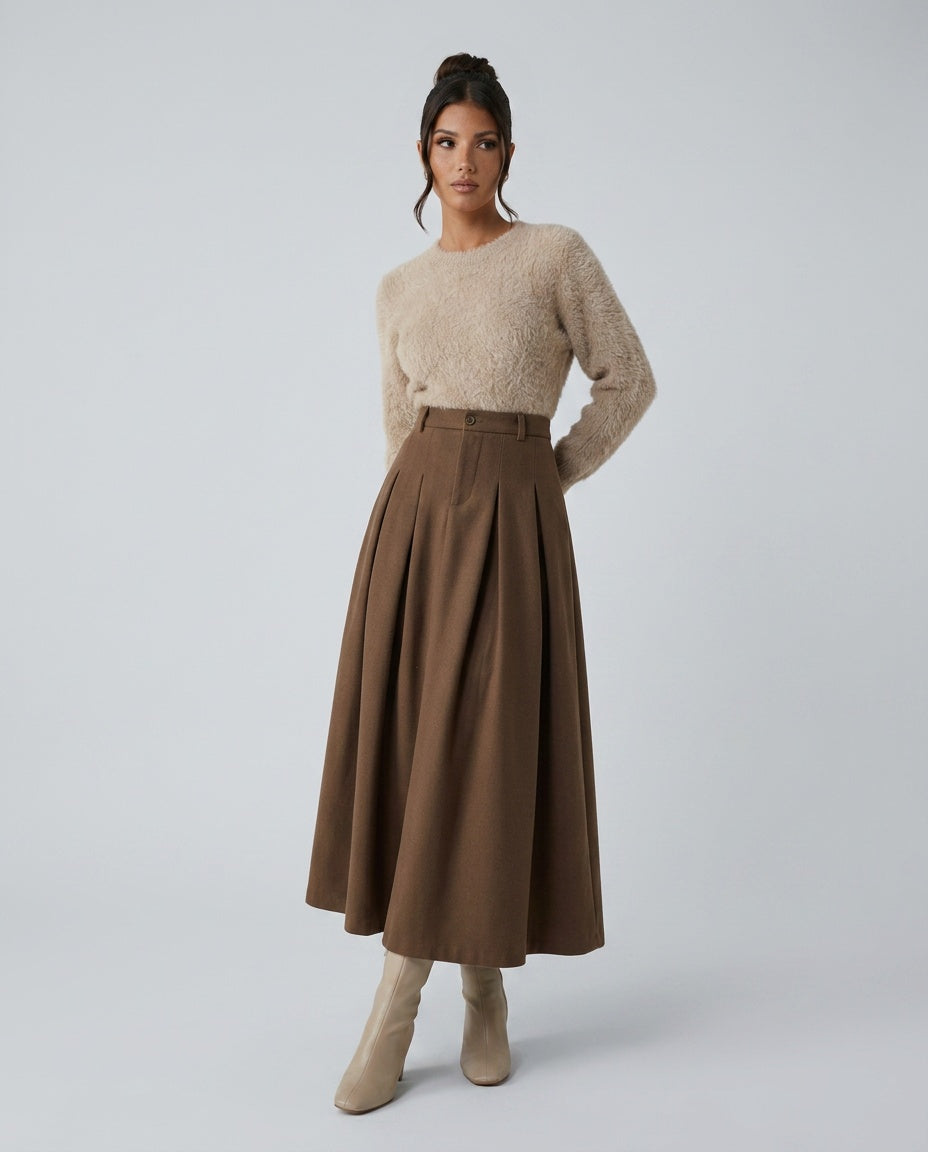 Harlow | Ankle-Length A-Line Stretch Wool Maxi Skirt