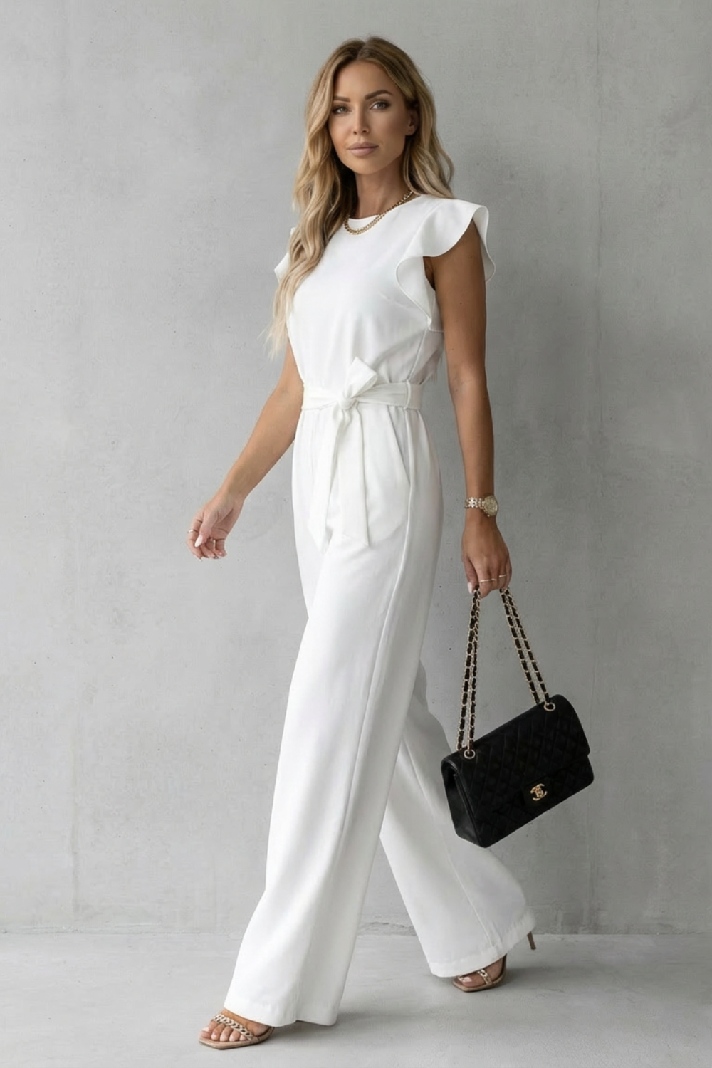 Virelle | Ruffle Sleeve Belted Wide-Leg Jumpsuit