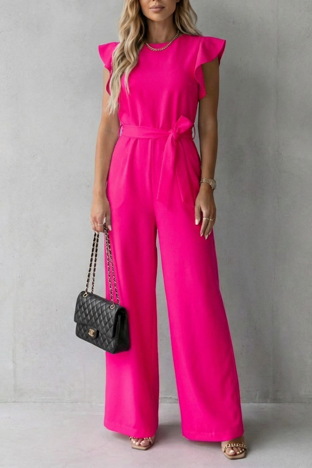 Virelle | Ruffle Sleeve Belted Wide-Leg Jumpsuit