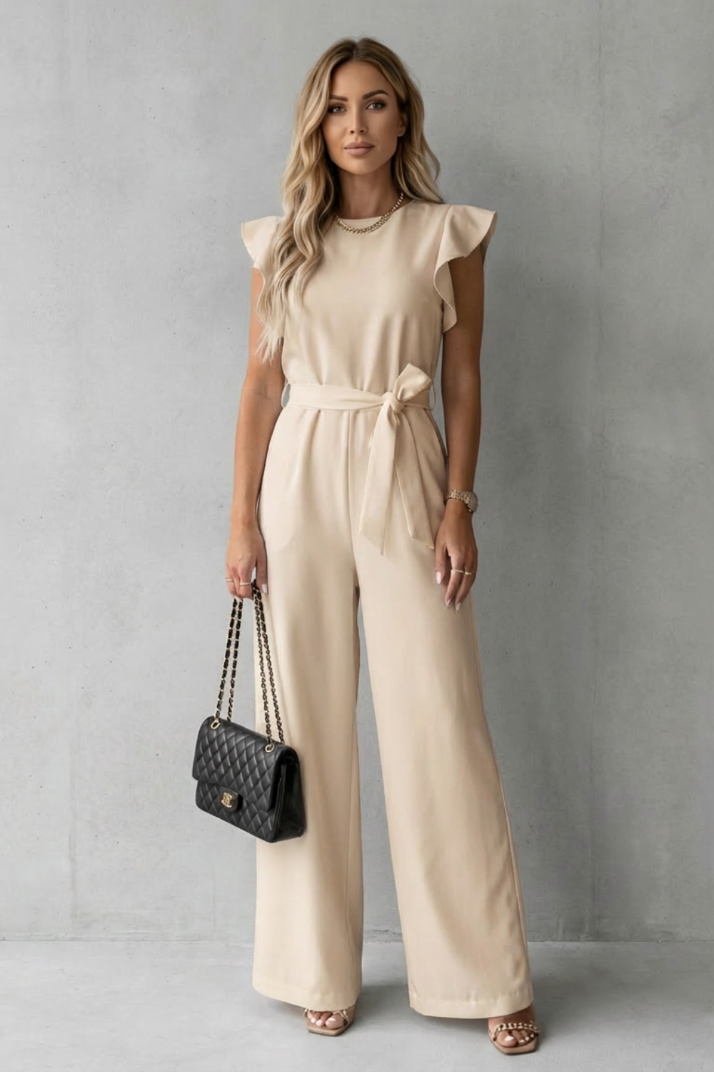 Virelle | Ruffle Sleeve Belted Wide-Leg Jumpsuit
