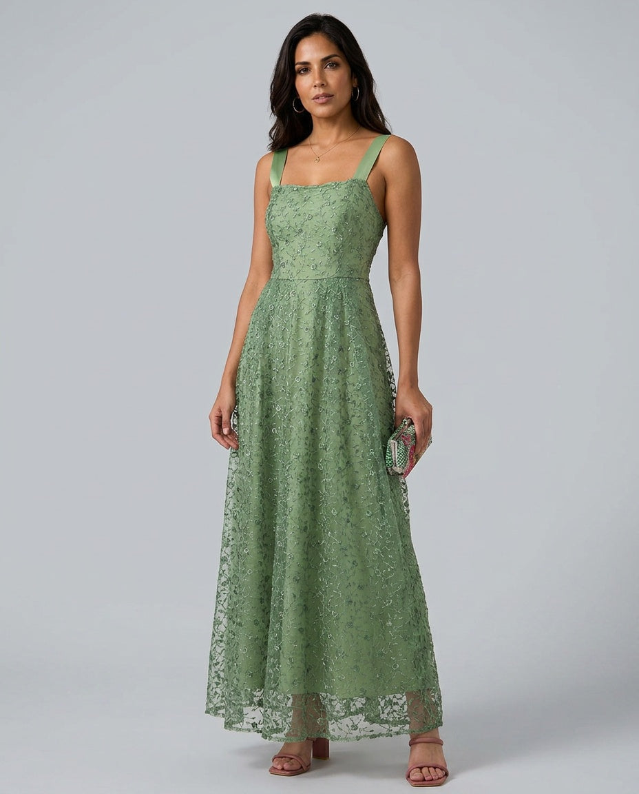 Fenna | Embroidery Mesh Slip Maxi Dress