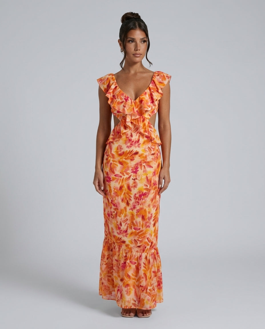 Pia | Ruffle Floral Cocktail Maxi Dress
