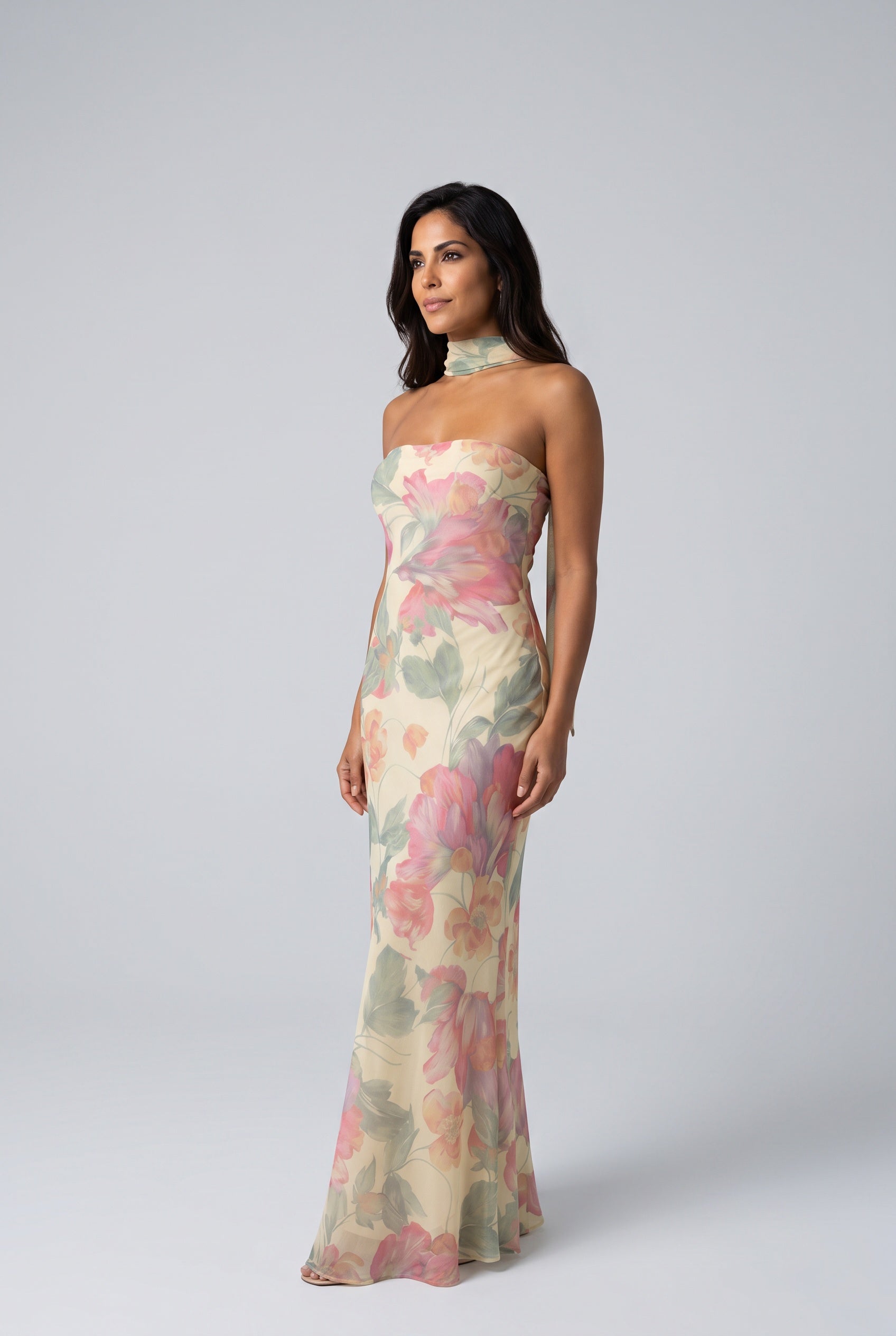 Adeline | Floral Chiffon Maxi Dress with Matching Scarf