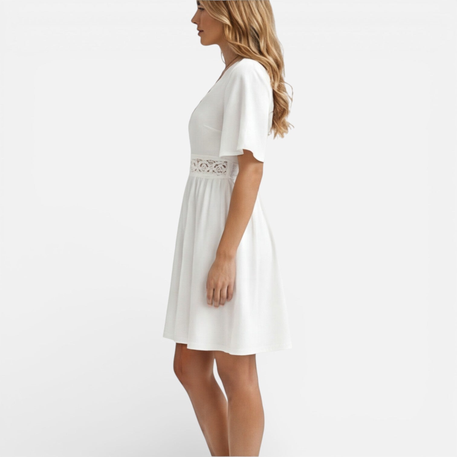 Estrella | White Lace V-Neck A-Line Midi Dress
