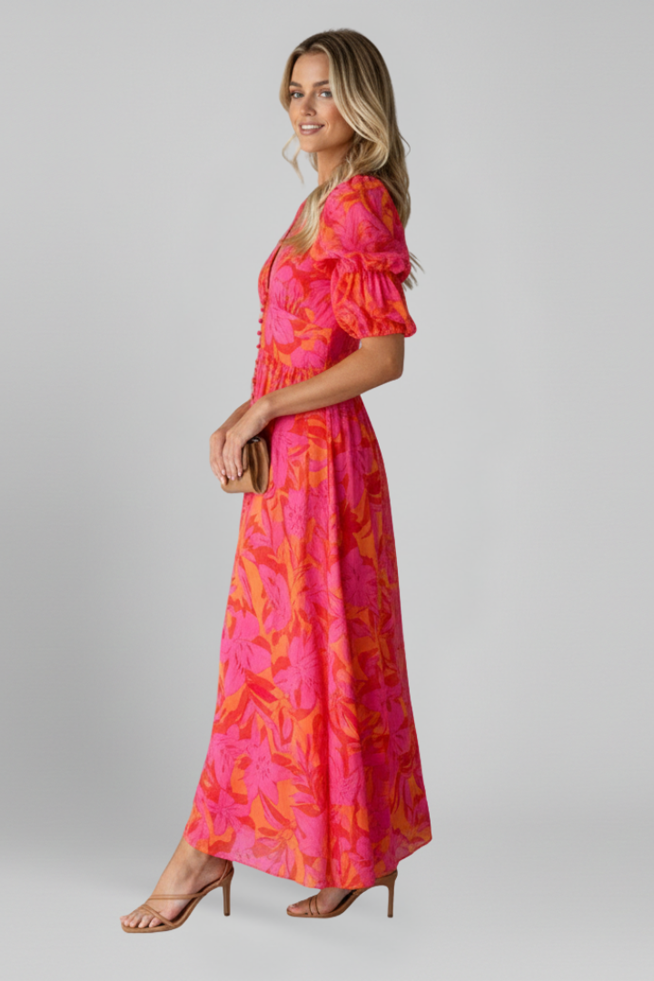 Quinn | V-Neck Puff Sleeve Midi Dress