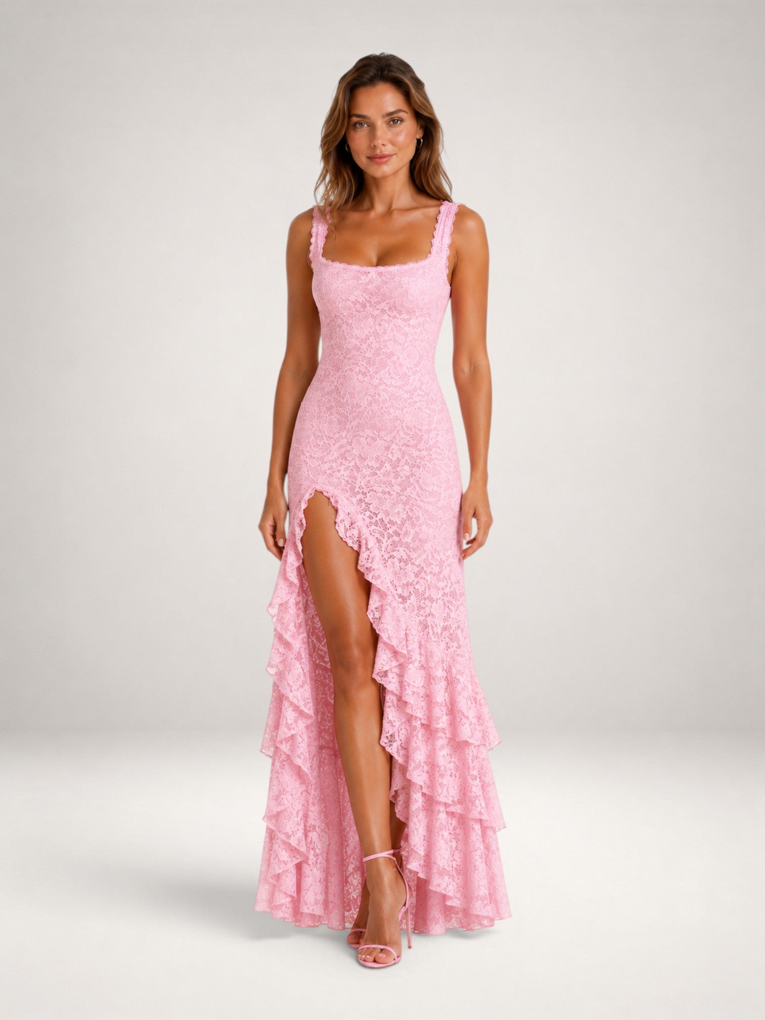 Aubrey | Lace Ruffle Hem High Split Maxi Dress