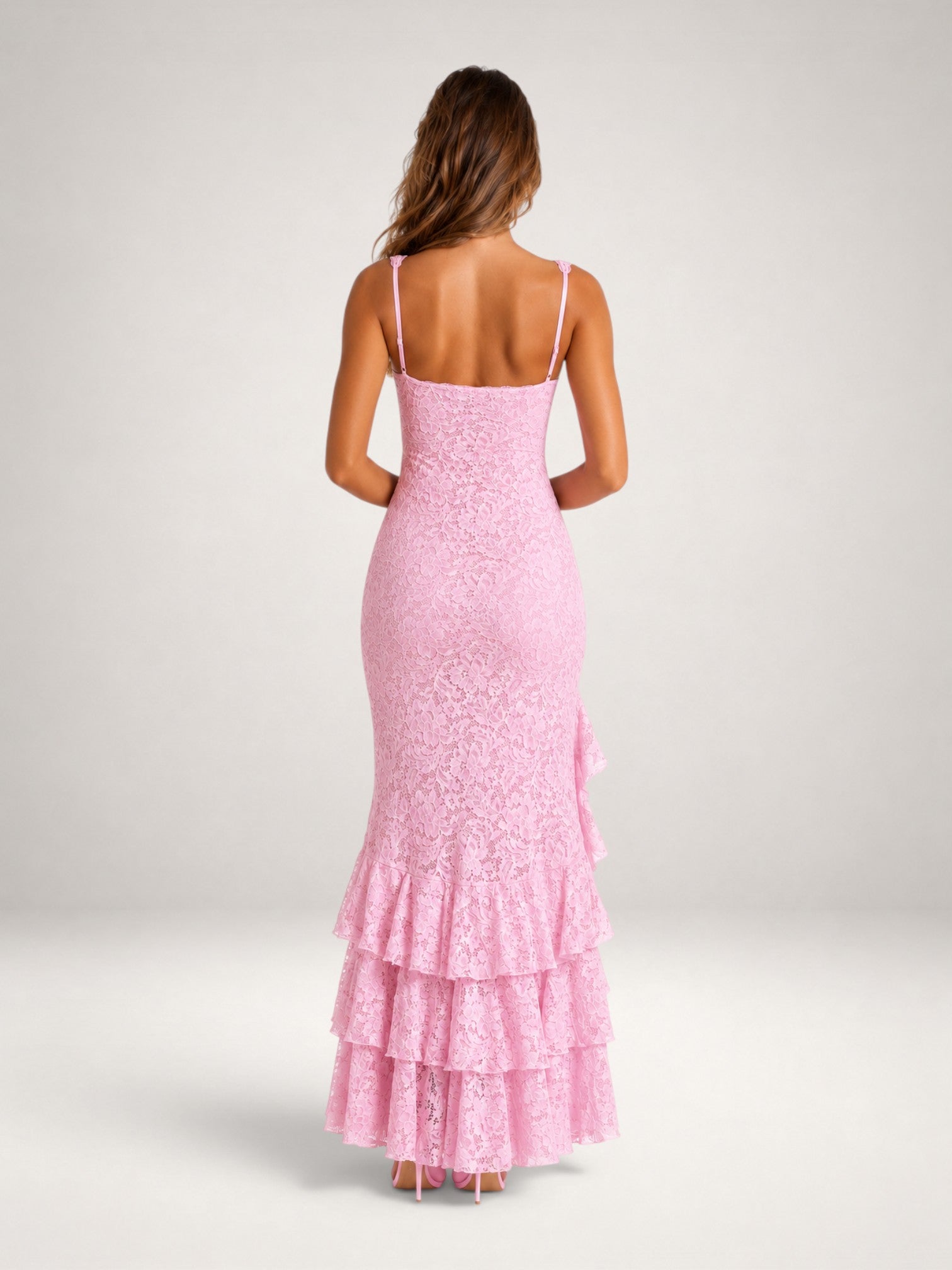 Aubrey | Lace Ruffle Hem High Split Maxi Dress