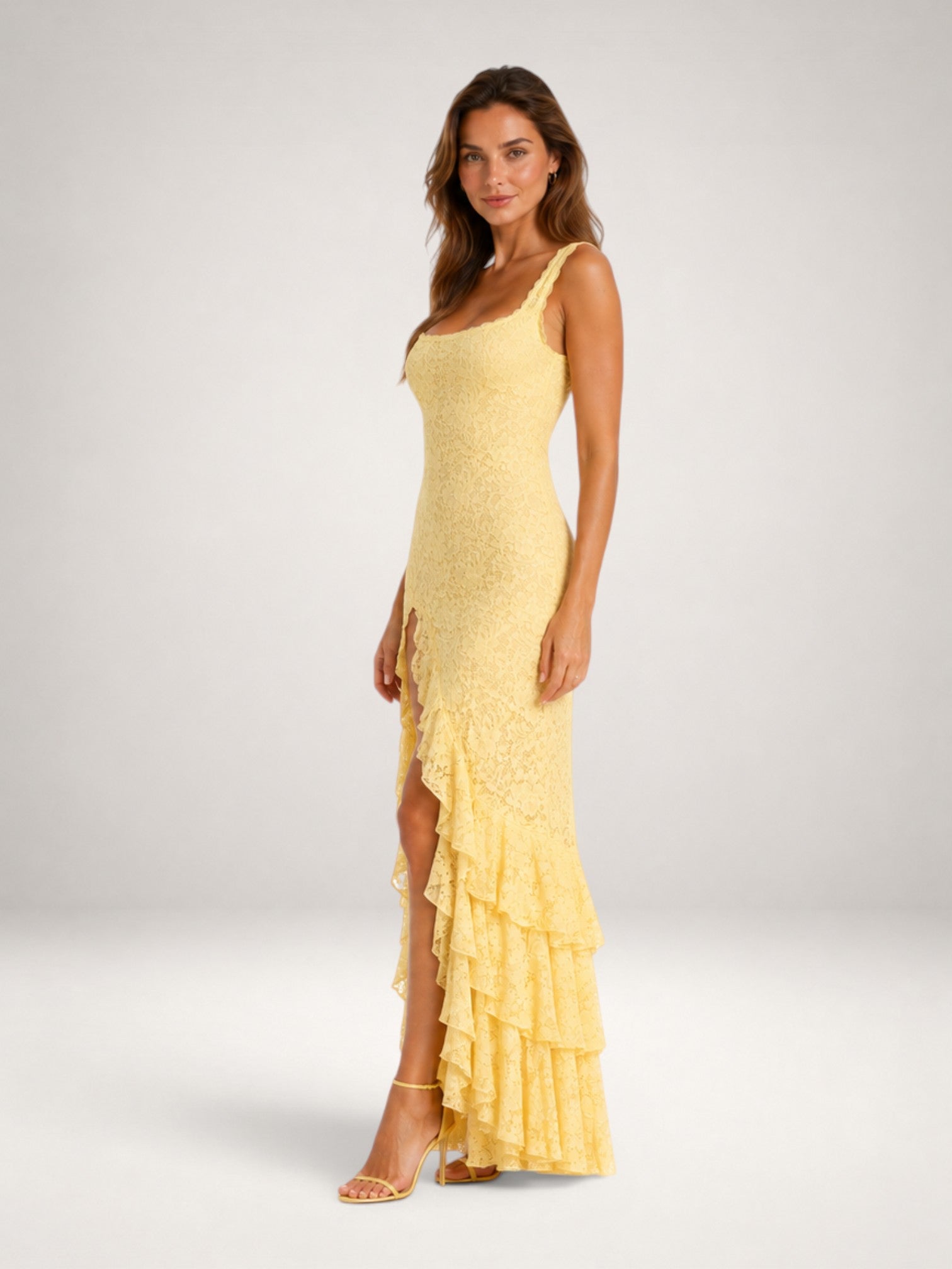 Aubrey | Lace Ruffle Hem High Split Maxi Dress