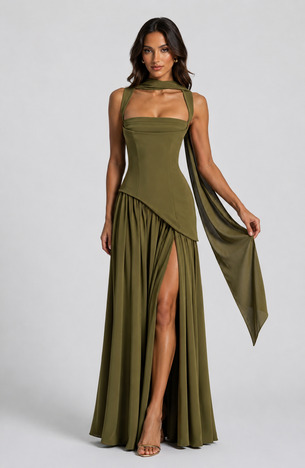 Ines | Sculpted Draped Satin Feel Maxi Dress