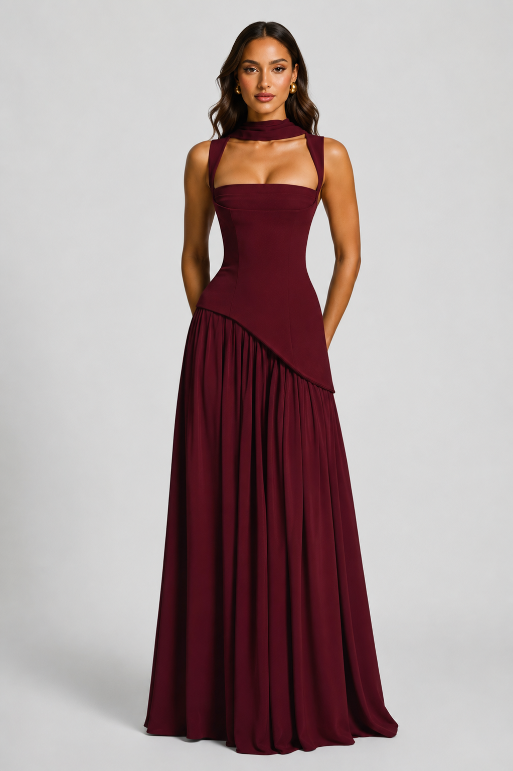 Ines | Sculpted Draped Satin Feel Maxi Dress