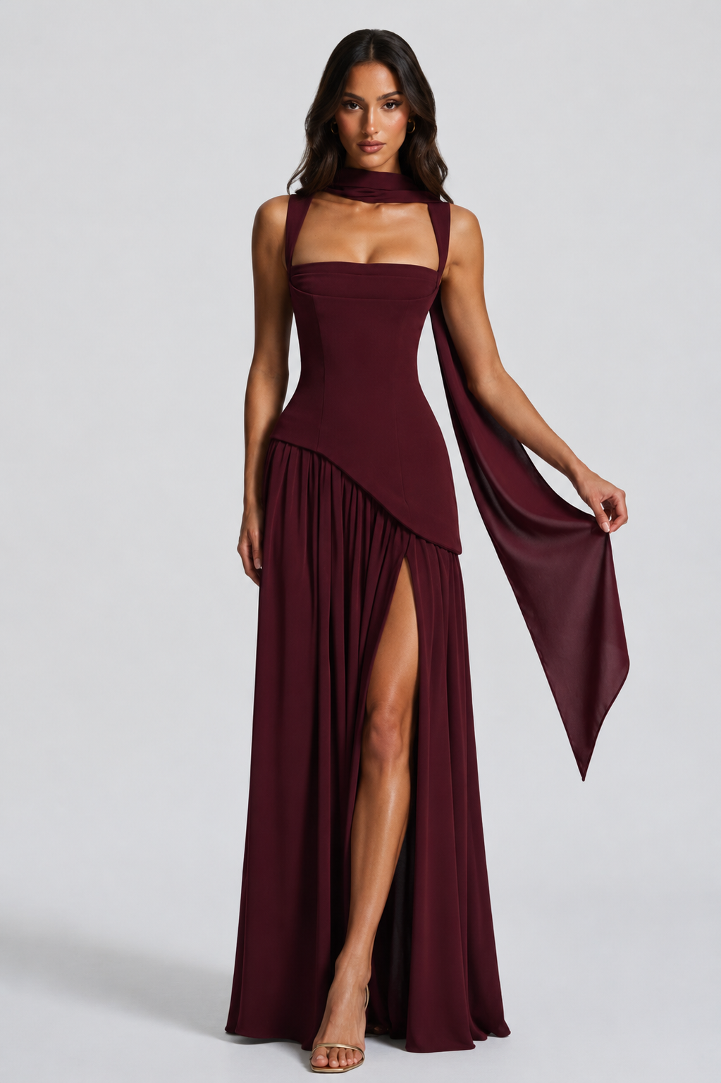 Ines | Sculpted Draped Satin Feel Maxi Dress