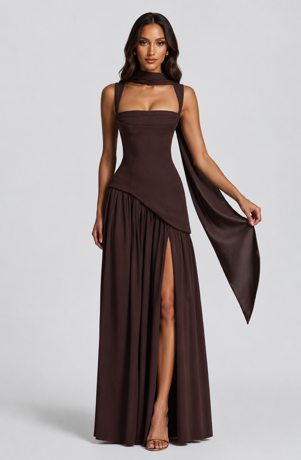 Ines | Sculpted Draped Satin Feel Maxi Dress