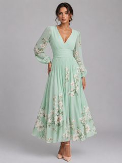 Cleona | Floral Chiffon V-Neck Midi Dress