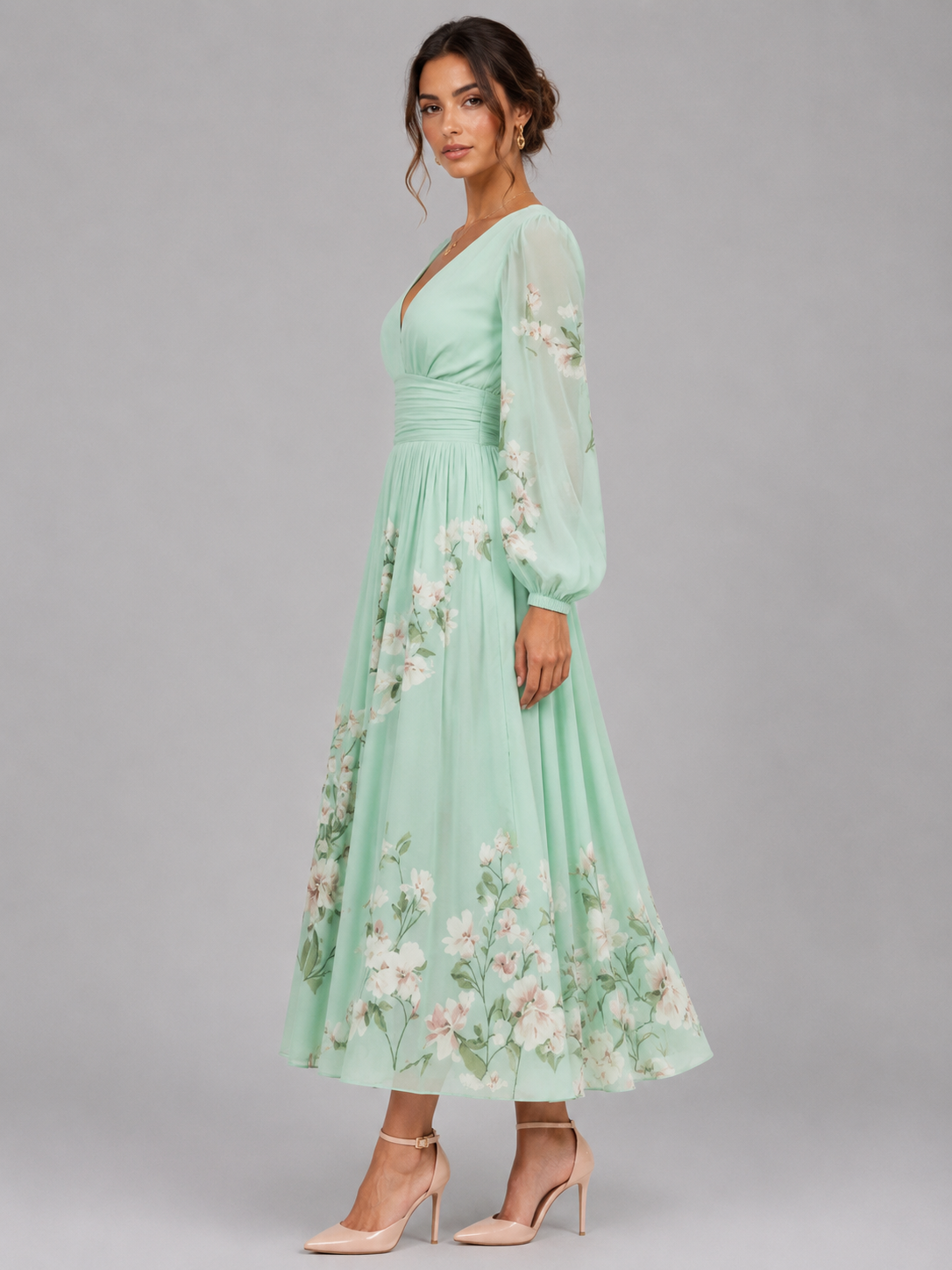 Cleona | Floral Chiffon V-Neck Midi Dress